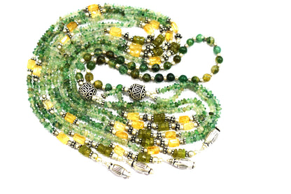Natural Green Aventurine and Citrine Layered Tassel Necklace Set, Multi Strand Gemstone Statement Jewelry with Dangle Earrings, Healing Crystal Gift, 32847