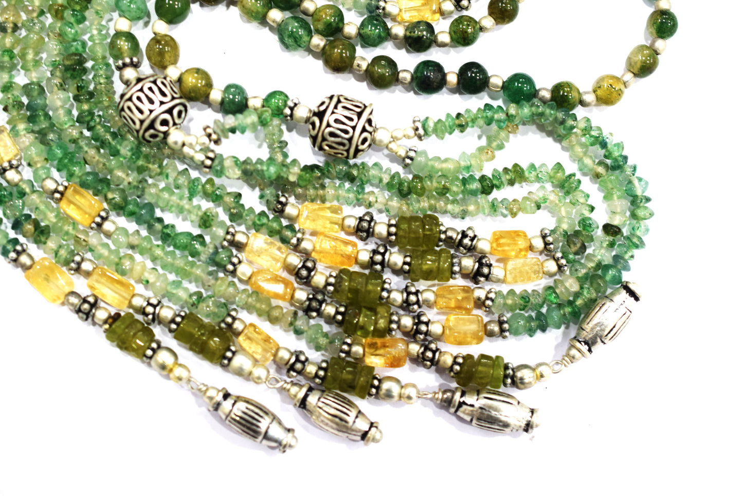Natural Green Aventurine and Citrine Layered Tassel Necklace Set, Multi Strand Gemstone Statement Jewelry with Dangle Earrings, Healing Crystal Gift, 32847