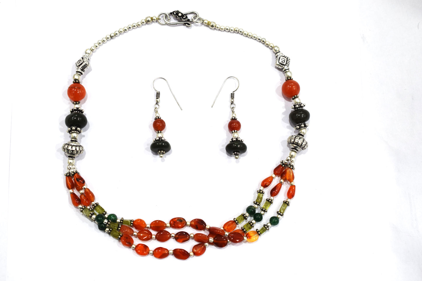 Natural Carnelian and Green Aventurine Necklace Set - Multi-Strand Peridot and Boulder Opal Gemstone Beaded Jewelry, 32848
