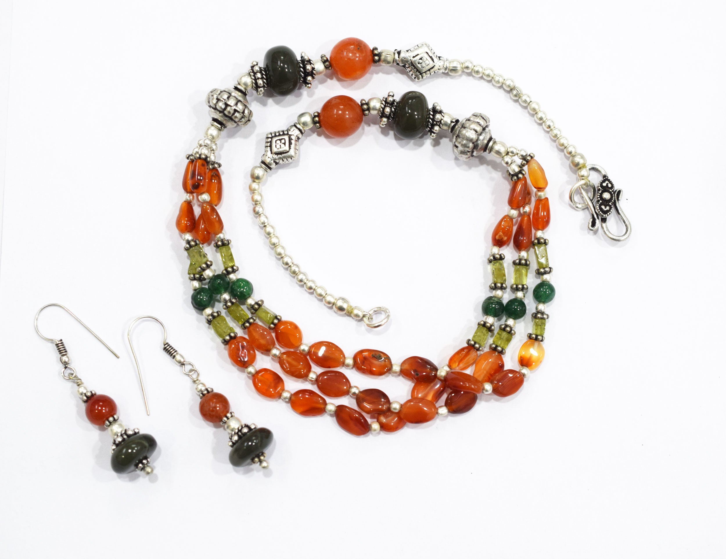 Natural Carnelian and Green Aventurine Necklace Set - Multi-Strand Peridot and Boulder Opal Gemstone Beaded Jewelry, 32848