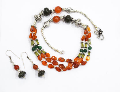 Natural Carnelian and Green Aventurine Necklace Set - Multi-Strand Peridot and Boulder Opal Gemstone Beaded Jewelry, 32848