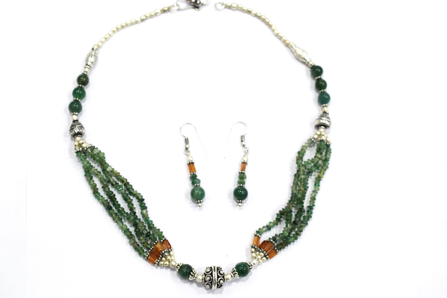 Natural Green Aventurine, Hessonite Multi Strand Necklace Set with Dangle Earrings, Handmade Layered Gemstone, 32850