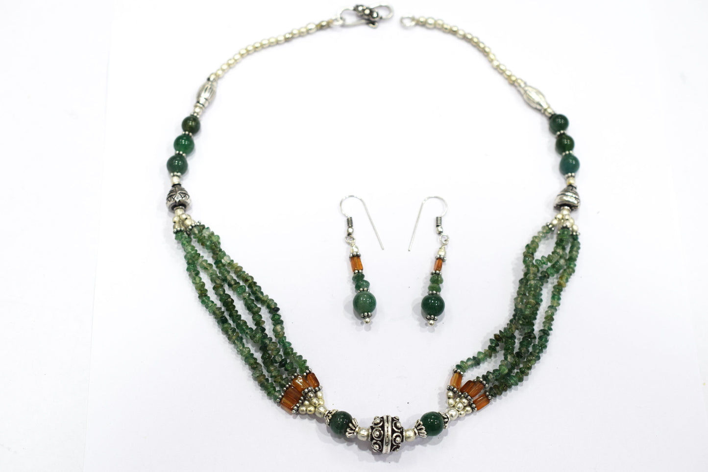 Natural Green Aventurine, Hessonite Multi Strand Necklace Set with Dangle Earrings, Handmade Layered Gemstone, 32850