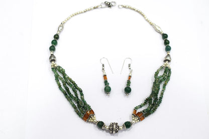 Natural Green Aventurine, Hessonite Multi Strand Necklace Set with Dangle Earrings, Handmade Layered Gemstone, 32850