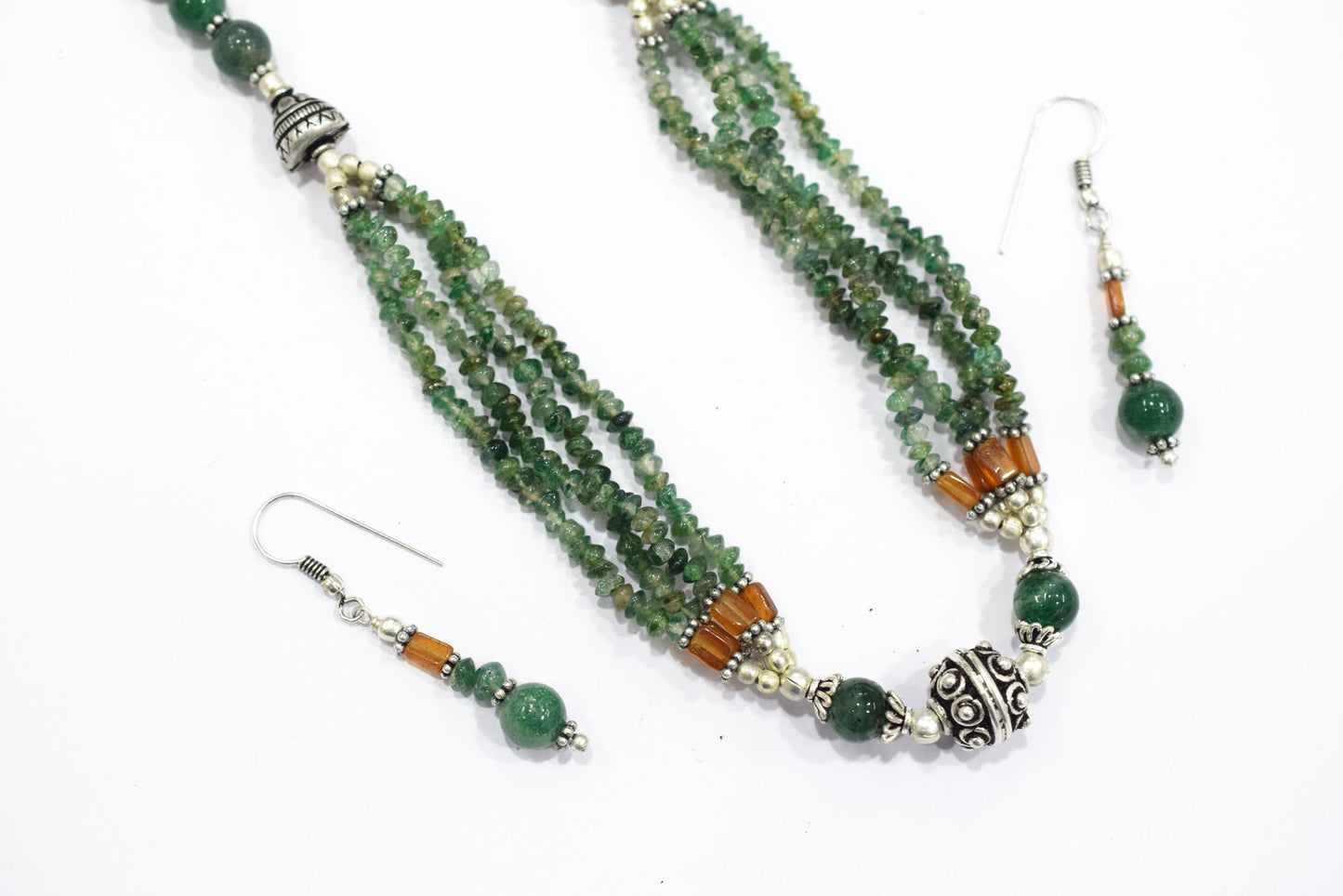 Natural Green Aventurine, Hessonite Multi Strand Necklace Set with Dangle Earrings, Handmade Layered Gemstone, 32850