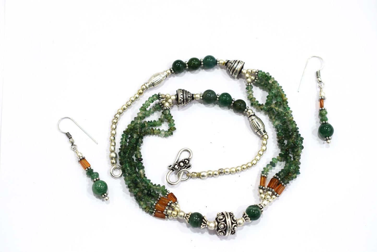 Natural Green Aventurine, Hessonite Multi Strand Necklace Set with Dangle Earrings, Handmade Layered Gemstone, 32850