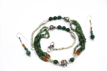 Natural Green Aventurine, Hessonite Multi Strand Necklace Set with Dangle Earrings, Handmade Layered Gemstone, 32850