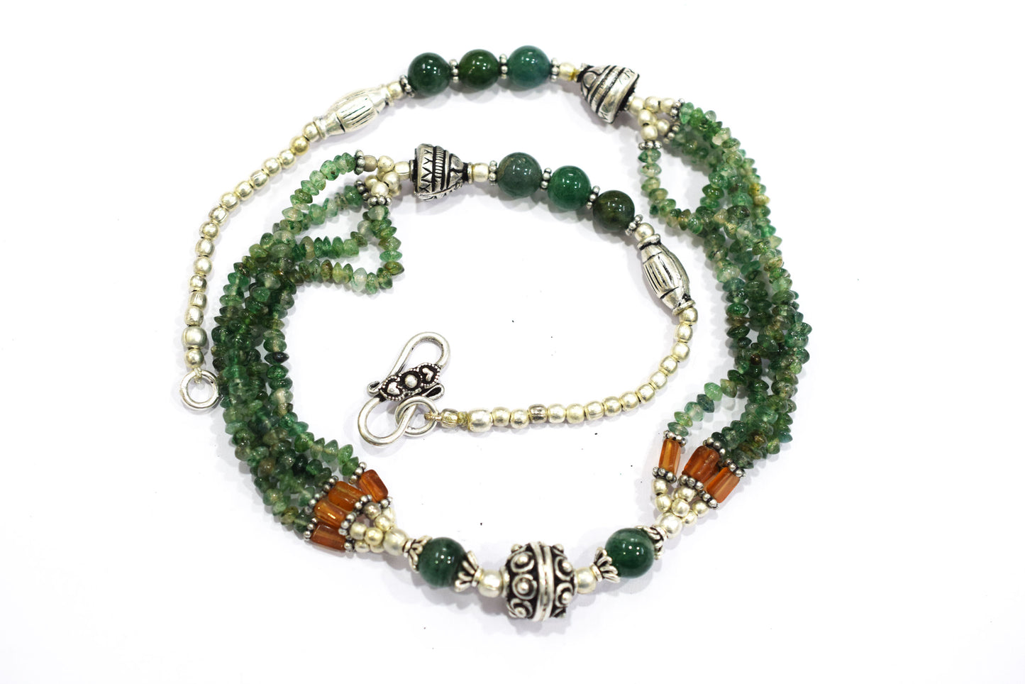 Natural Green Aventurine, Hessonite Multi Strand Necklace Set with Dangle Earrings, Handmade Layered Gemstone, 32850