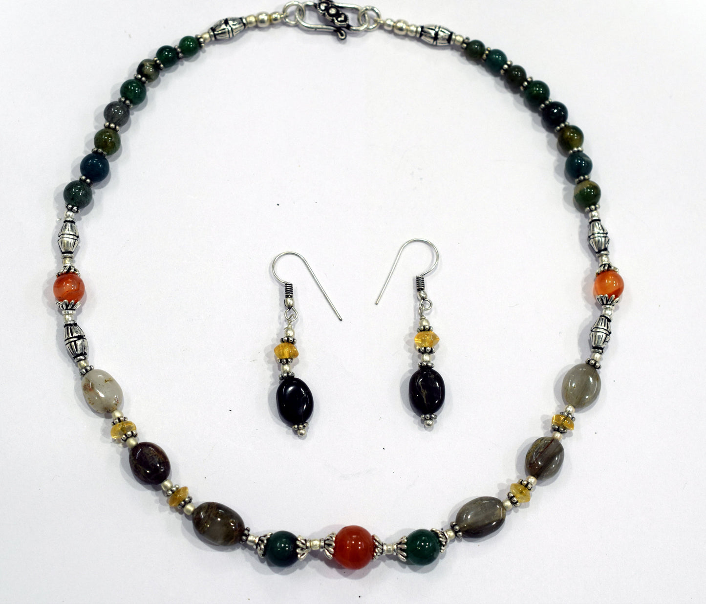 Natural Cats Eye and Green Aventurine Necklace Set - Carnelian and Citrine Beaded Gemstone Jewelry, 32851