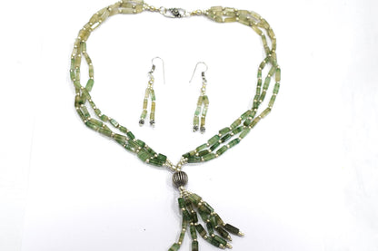 Natural Green Aventurine Multi Strand Necklace Set with Dangle Earrings, Handmade Layered Gemstone, 32852