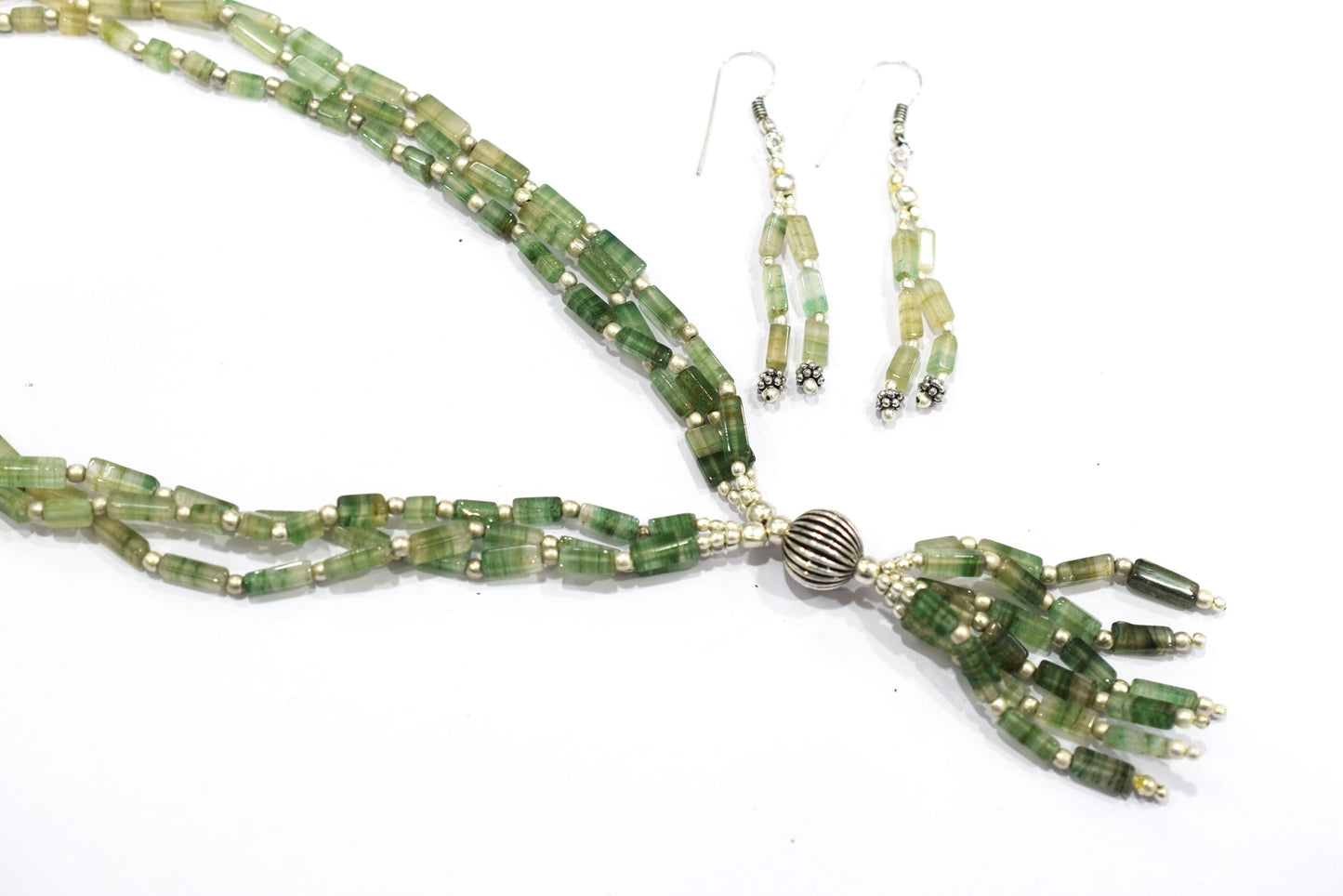 Natural Green Aventurine Multi Strand Necklace Set with Dangle Earrings, Handmade Layered Gemstone, 32852
