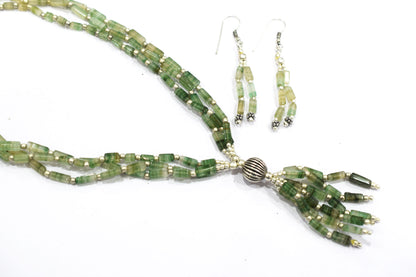 Natural Green Aventurine Multi Strand Necklace Set with Dangle Earrings, Handmade Layered Gemstone, 32852