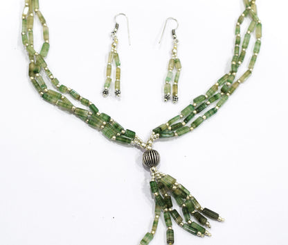 Natural Green Aventurine Multi Strand Necklace Set with Dangle Earrings, Handmade Layered Gemstone, 32852