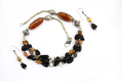 Natural Black Onyx and Mix Agate Necklace Set - Multi-Strand Peach and Citrine Beaded Jewelry, 32853