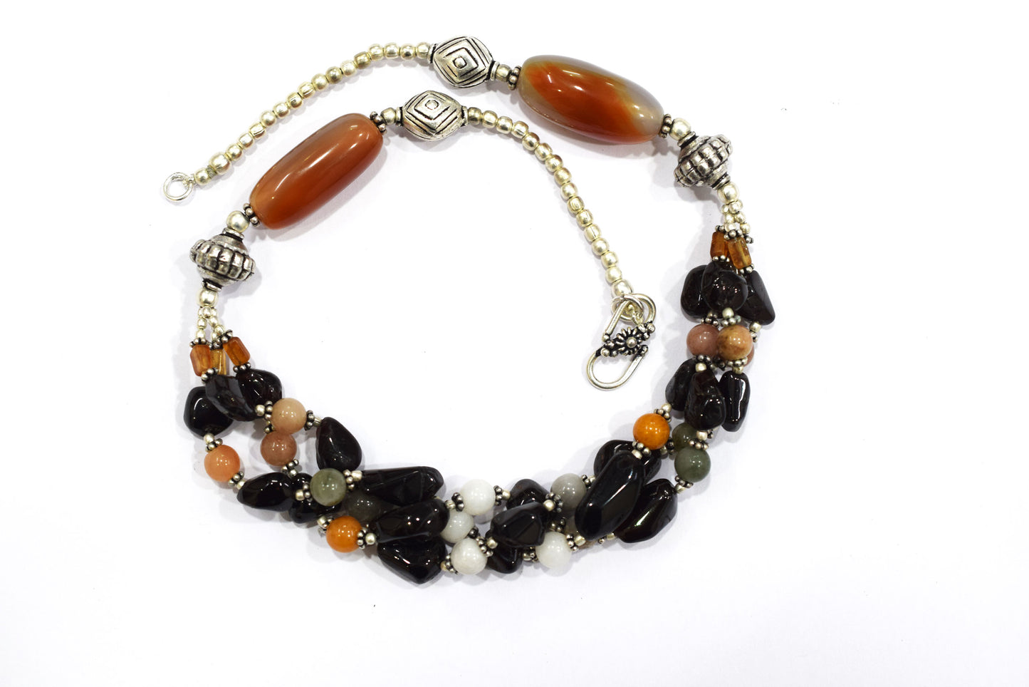 Natural Black Onyx and Mix Agate Necklace Set - Multi-Strand Peach and Citrine Beaded Jewelry, 32853