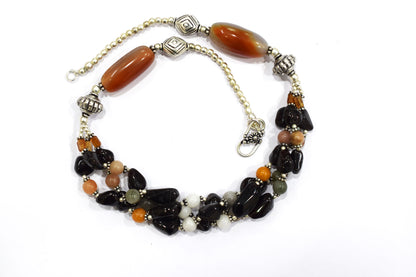Natural Black Onyx and Mix Agate Necklace Set - Multi-Strand Peach and Citrine Beaded Jewelry, 32853