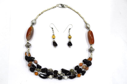 Natural Black Onyx and Mix Agate Necklace Set - Multi-Strand Peach and Citrine Beaded Jewelry, 32853