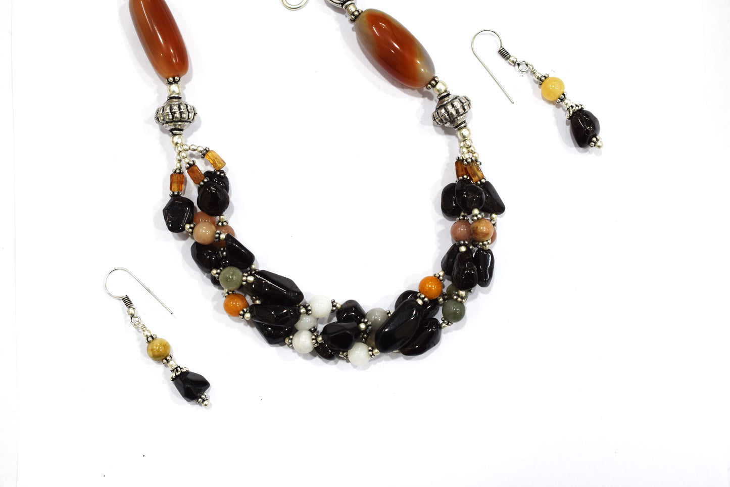 Natural Black Onyx and Mix Agate Necklace Set - Multi-Strand Peach and Citrine Beaded Jewelry, 32853