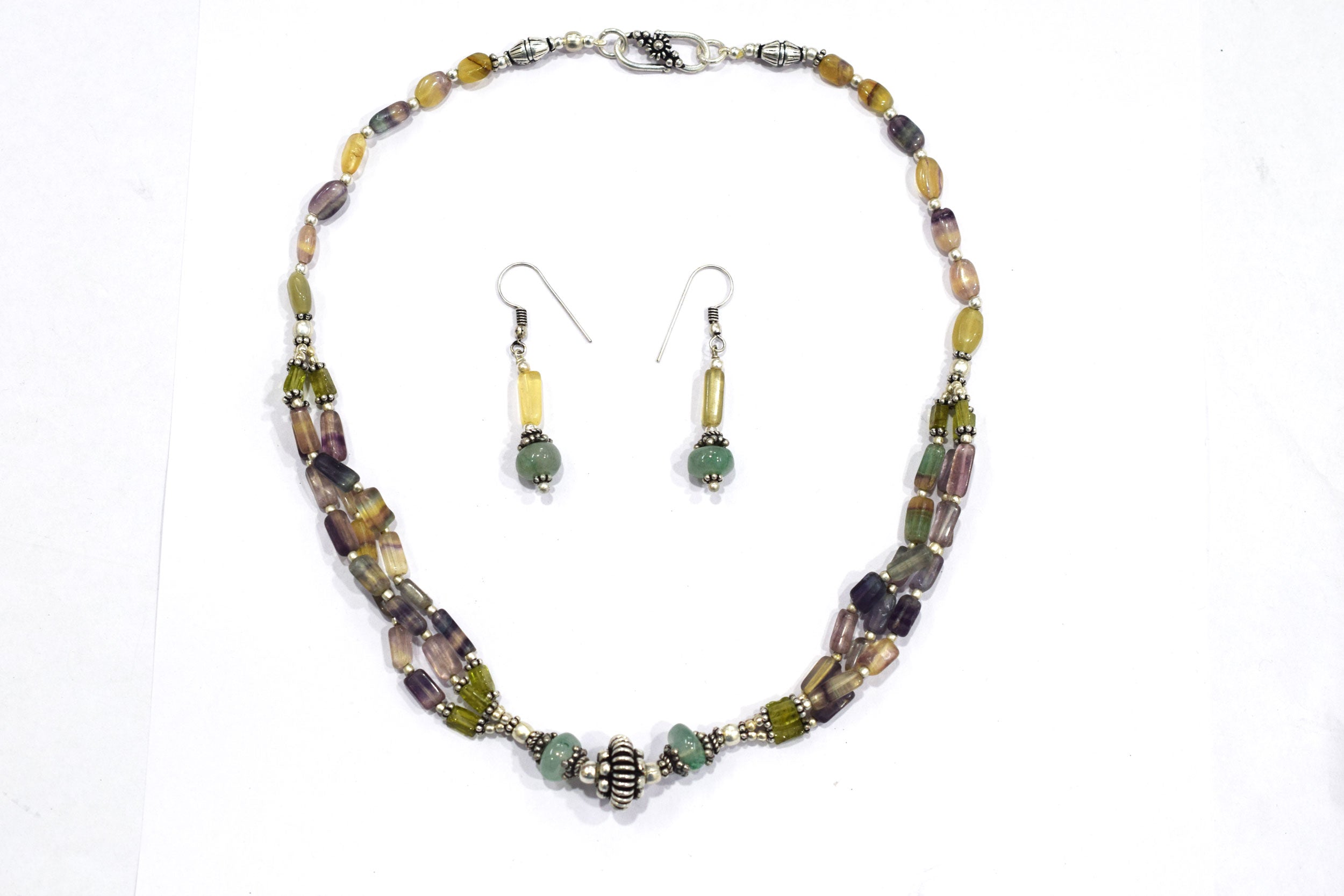 Natural Aventurine and Multi Fluorite Necklace Set - Multi-Strand Yellow Gemstone Beaded Necklace with Drop Earrings, 32854