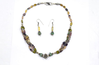 Natural Aventurine and Multi Fluorite Necklace Set - Multi-Strand Yellow Gemstone Beaded Necklace with Drop Earrings, 32854