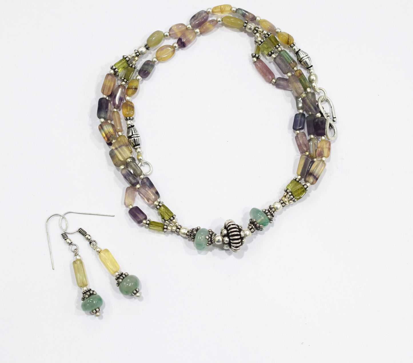 Natural Aventurine and Multi Fluorite Necklace Set - Multi-Strand Yellow Gemstone Beaded Necklace with Drop Earrings, 32854