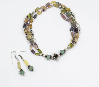 Natural Aventurine and Multi Fluorite Necklace Set - Multi-Strand Yellow Gemstone Beaded Necklace with Drop Earrings, 32854
