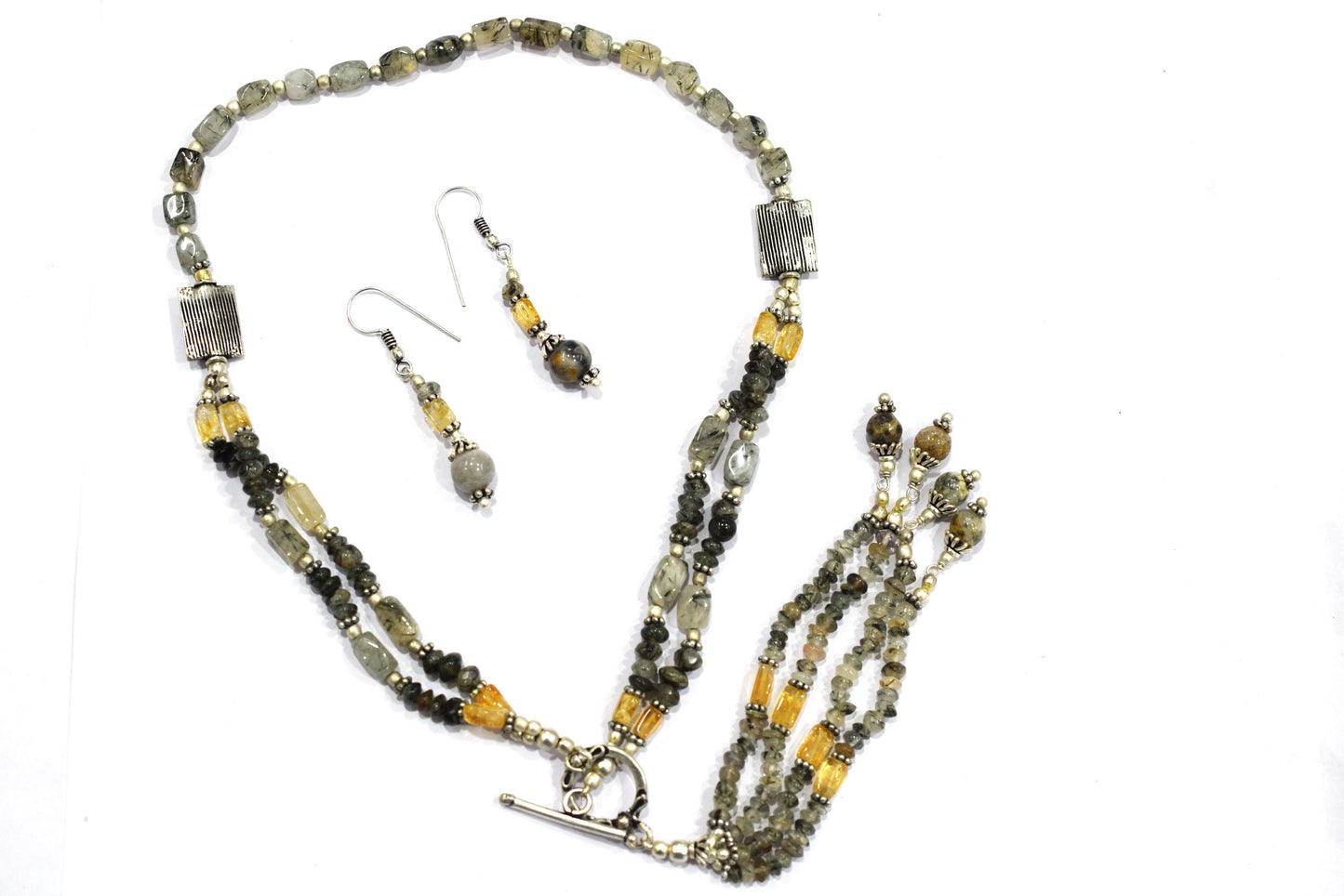 Multi Strand Citrine and Black Rutile Quartz Necklace, Rutilated Quartz Beaded Tassel Necklace with earrings ,32855