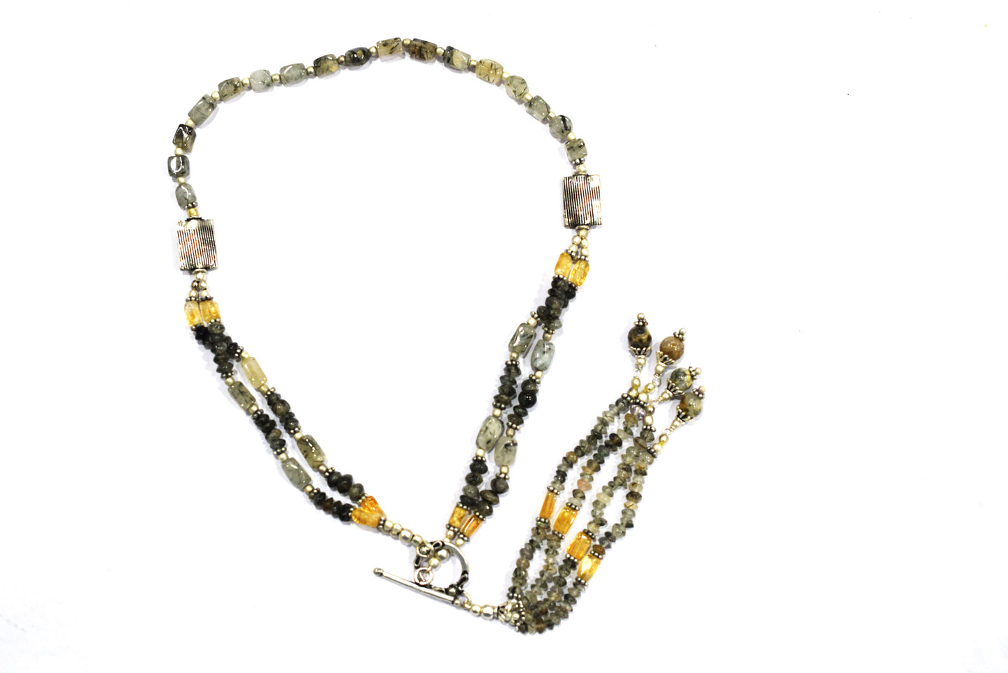 Multi Strand Citrine and Black Rutile Quartz Necklace, Rutilated Quartz Beaded Tassel Necklace with earrings ,32855