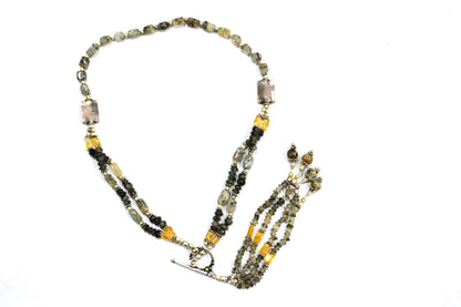 Multi Strand Citrine and Black Rutile Quartz Necklace, Rutilated Quartz Beaded Tassel Necklace with earrings ,32855