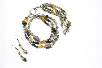 Multi Strand Citrine and Black Rutile Quartz Necklace, Rutilated Quartz Beaded Tassel Necklace with earrings ,32855