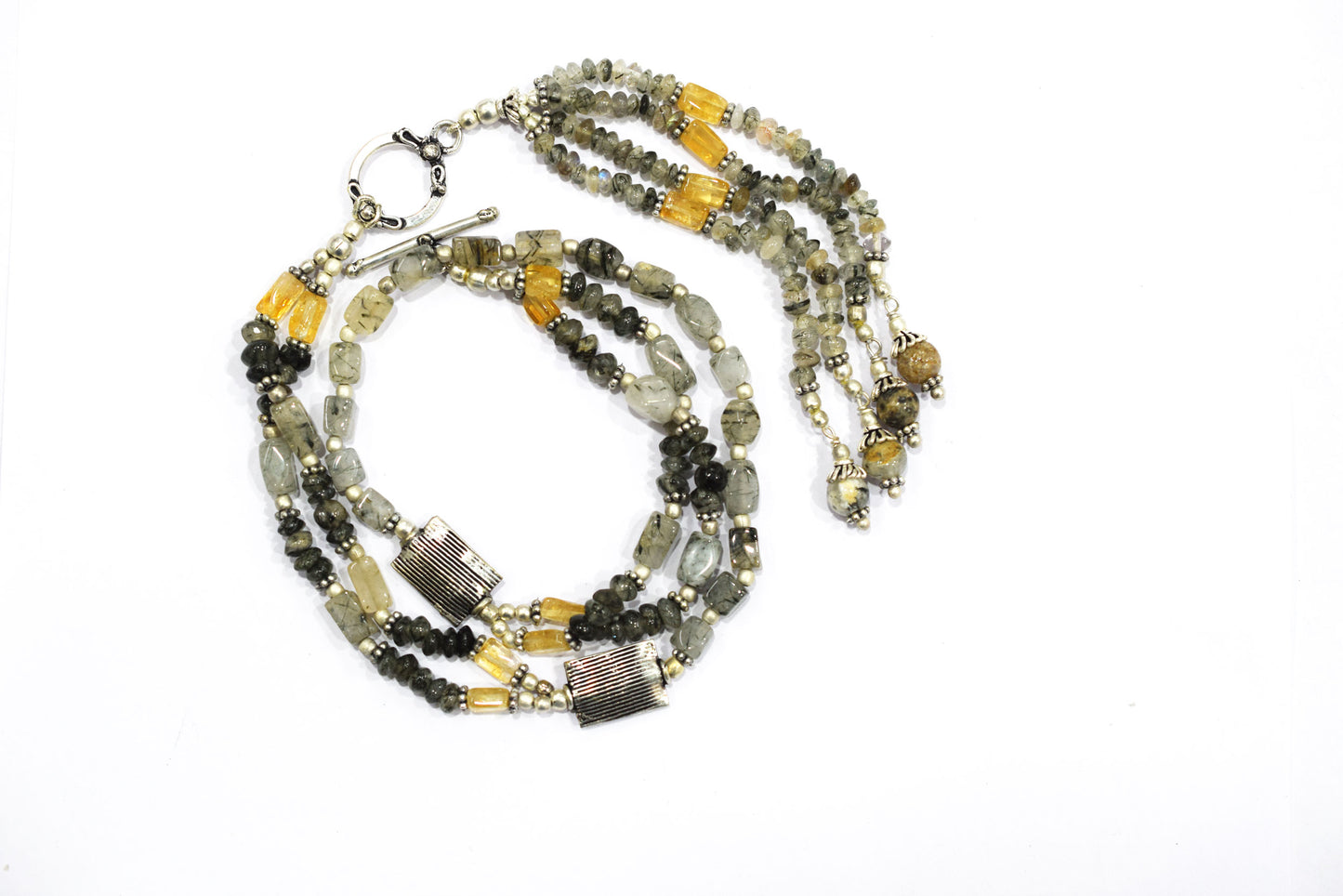 Multi Strand Citrine and Black Rutile Quartz Necklace, Rutilated Quartz Beaded Tassel Necklace with earrings ,32855