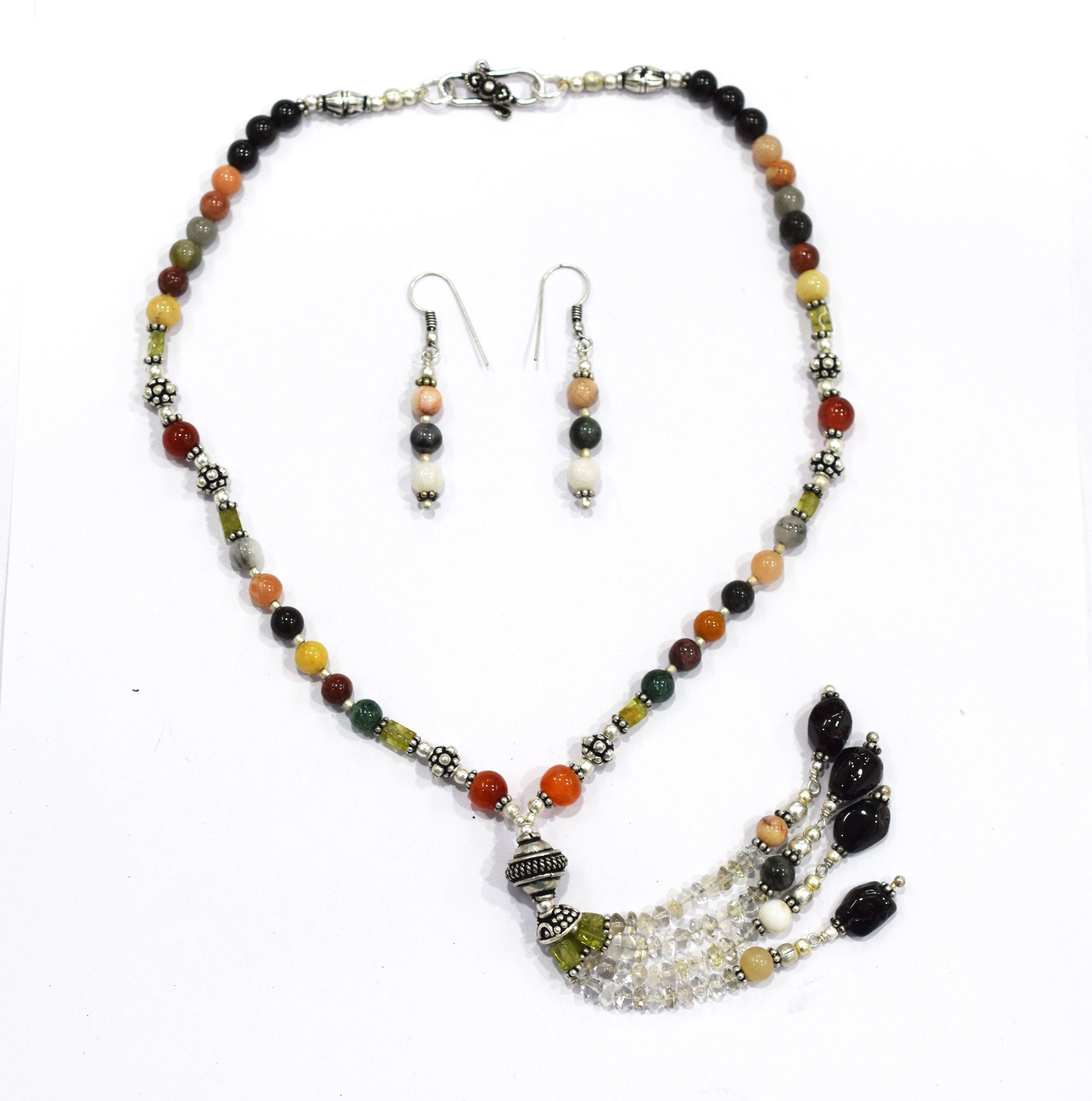 Multi Gemstone Tassel Necklace and Earring Set, Green Aventurine Carnelian Black Onyx Peridot Mix Agate Beaded Jewelry, Boho Crystal Gift, 32856