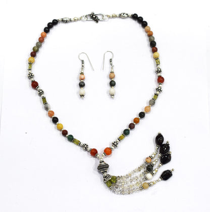 Multi Gemstone Tassel Necklace and Earring Set, Green Aventurine Carnelian Black Onyx Peridot Mix Agate Beaded Jewelry, Boho Crystal Gift, 32856