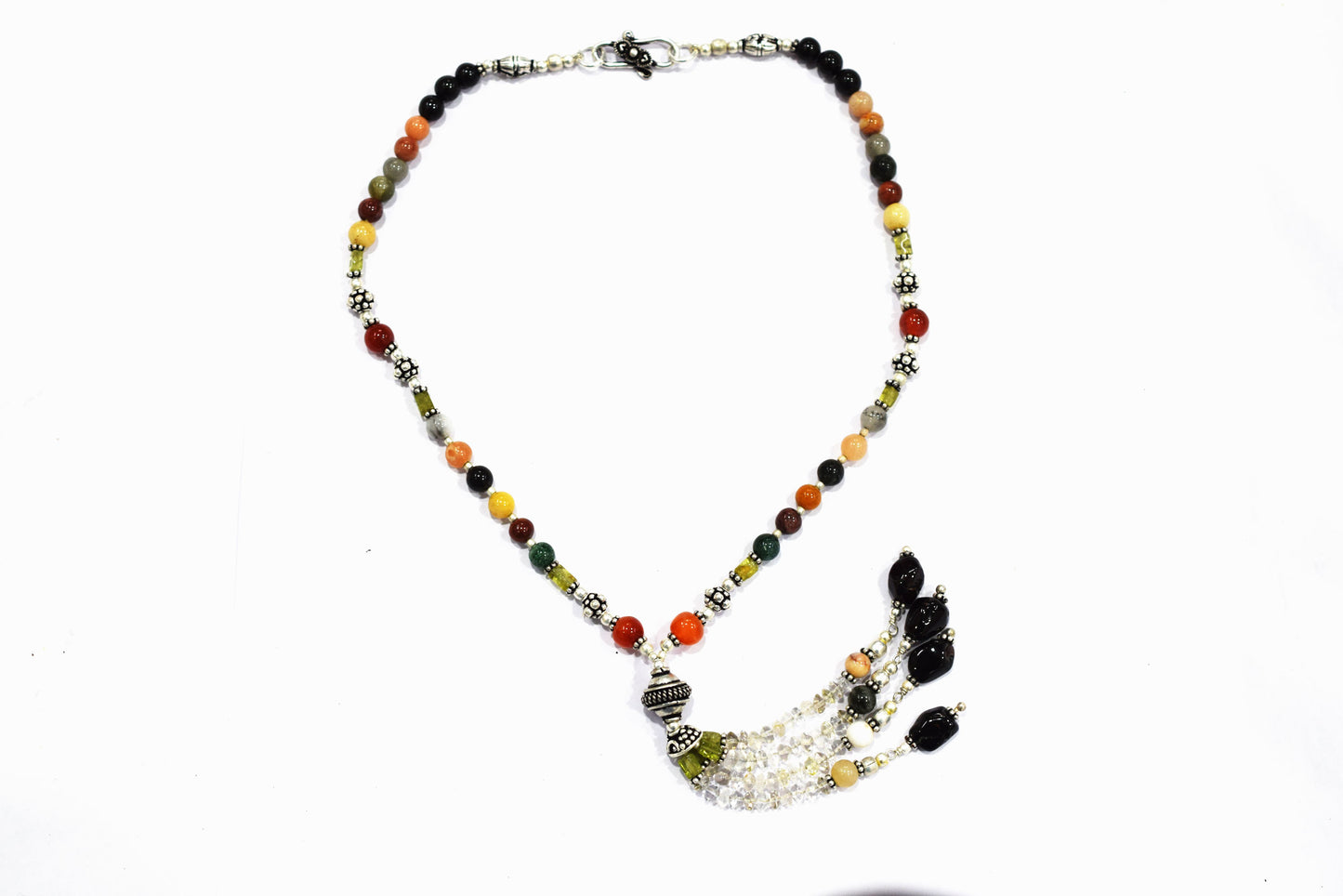 Multi Gemstone Tassel Necklace and Earring Set, Green Aventurine Carnelian Black Onyx Peridot Mix Agate Beaded Jewelry, Boho Crystal Gift, 32856