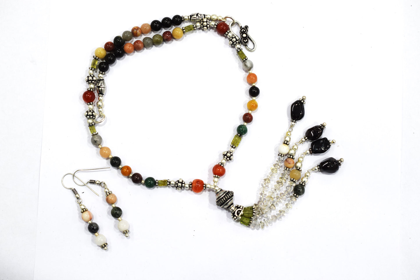 Multi Gemstone Tassel Necklace and Earring Set, Green Aventurine Carnelian Black Onyx Peridot Mix Agate Beaded Jewelry, Boho Crystal Gift, 32856