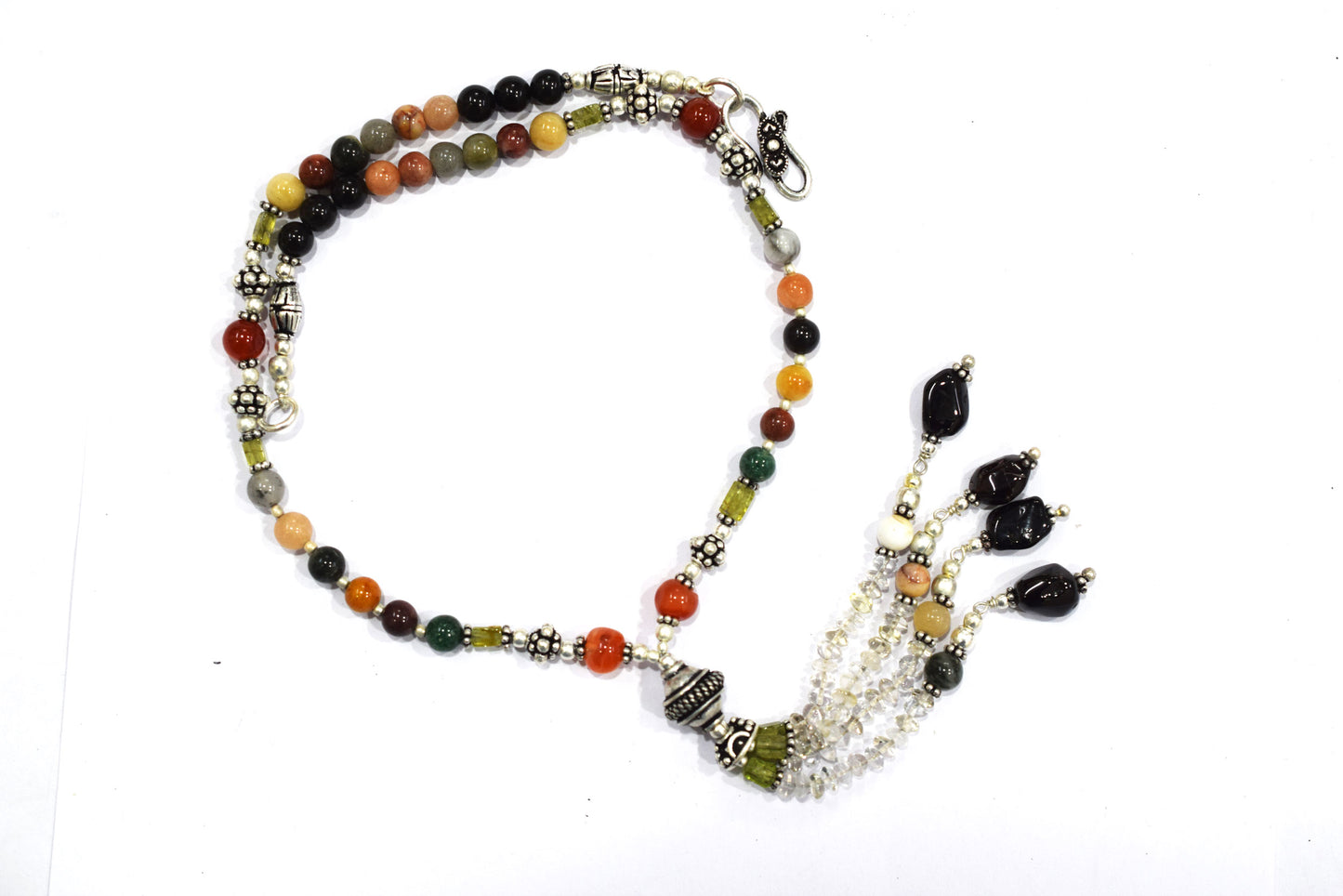 Multi Gemstone Tassel Necklace and Earring Set, Green Aventurine Carnelian Black Onyx Peridot Mix Agate Beaded Jewelry, Boho Crystal Gift, 32856