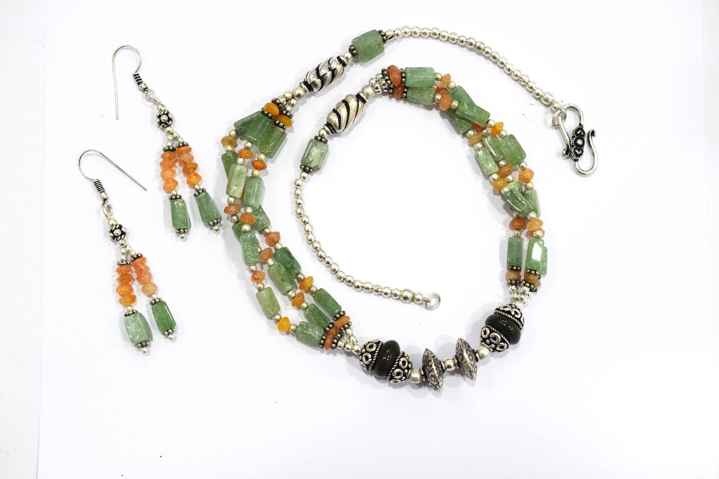Natural Boulder Opal and Green Aventurine Necklace Set  - Multi-Strand Gemstone Beaded Necklace with Matching Earrings, 32857