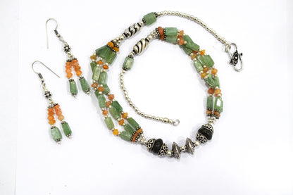 Natural Boulder Opal and Green Aventurine Necklace Set  - Multi-Strand Gemstone Beaded Necklace with Matching Earrings, 32857