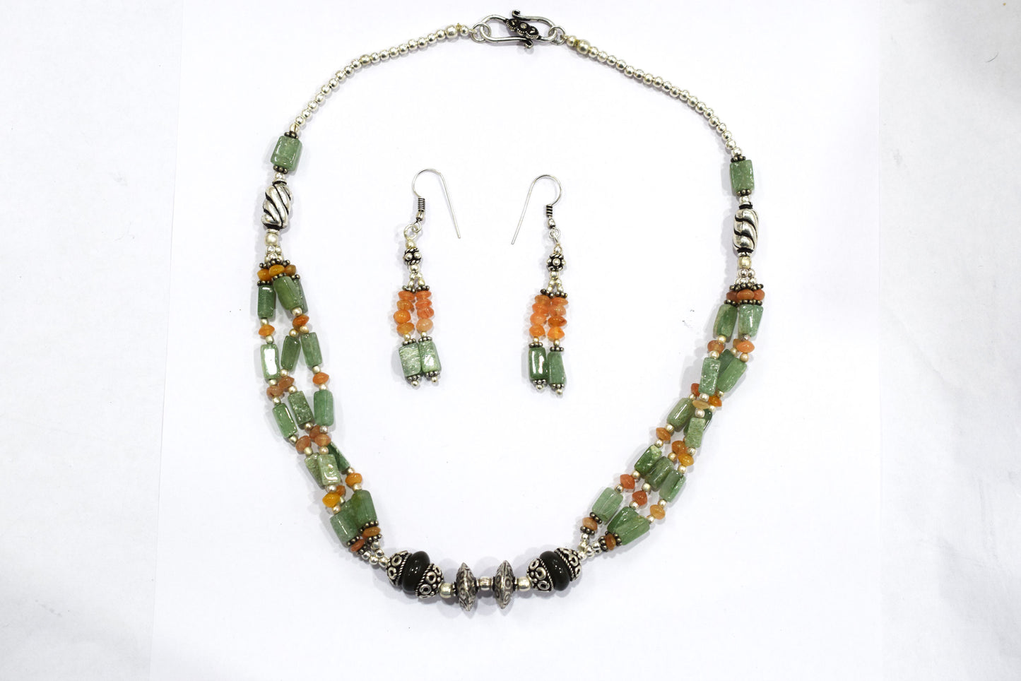 Natural Boulder Opal and Green Aventurine Necklace Set  - Multi-Strand Gemstone Beaded Necklace with Matching Earrings, 32857