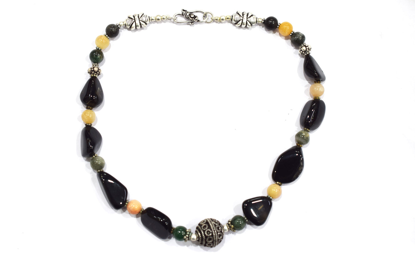 Natural Black Onyx and Green Aventurine Necklace Set - Single Strand Pink Opal Gemstone Beaded Choker with Drop Earrings , 32858