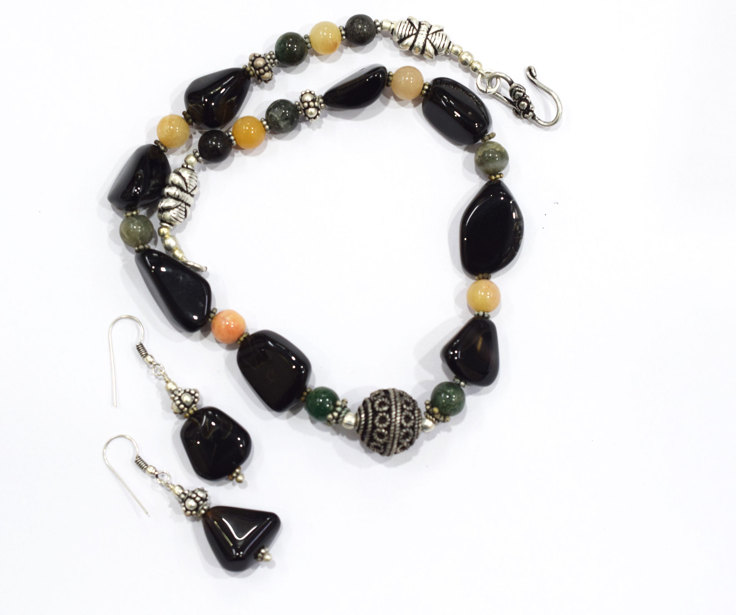 Natural Black Onyx and Green Aventurine Necklace Set - Single Strand Pink Opal Gemstone Beaded Choker with Drop Earrings , 32858