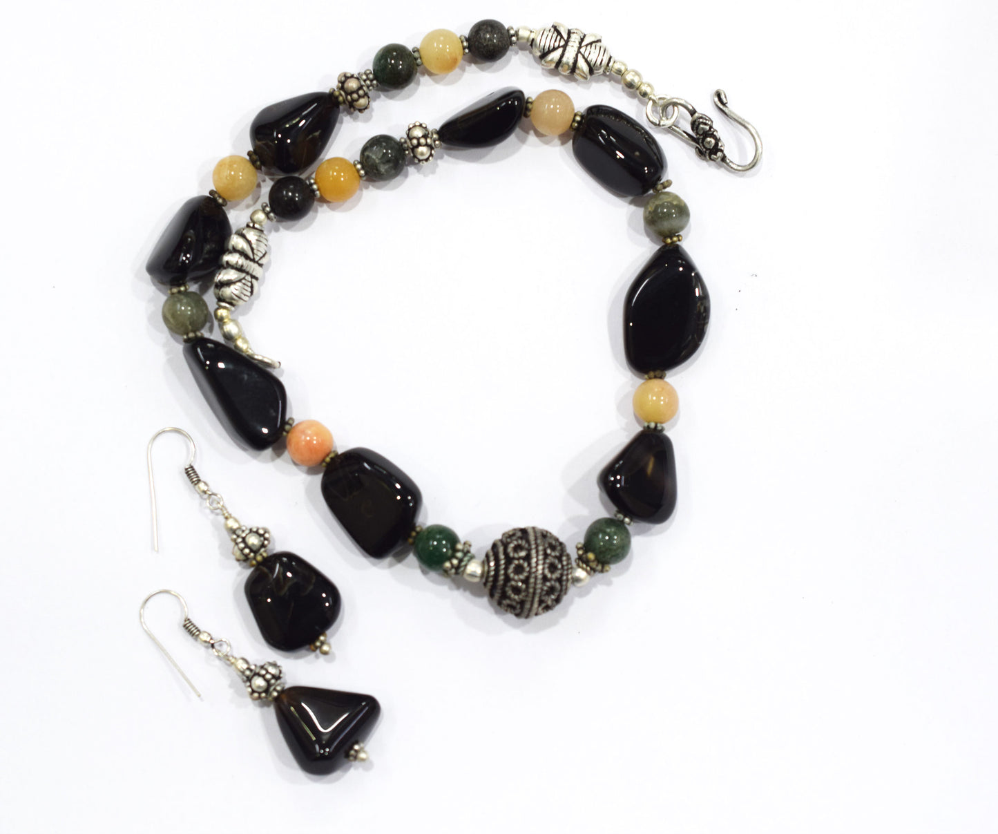 Natural Black Onyx and Green Aventurine Necklace Set - Single Strand Pink Opal Gemstone Beaded Choker with Drop Earrings , 32858