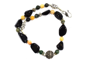 Natural Black Onyx and Green Aventurine Necklace Set - Single Strand Pink Opal Gemstone Beaded Choker with Drop Earrings , 32858