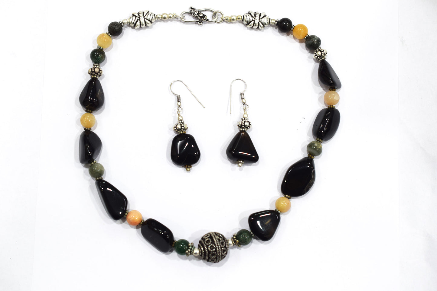 Natural Black Onyx and Green Aventurine Necklace Set - Single Strand Pink Opal Gemstone Beaded Choker with Drop Earrings , 32858