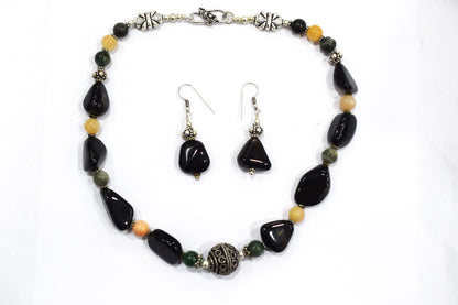Natural Black Onyx and Green Aventurine Necklace Set - Single Strand Pink Opal Gemstone Beaded Choker with Drop Earrings , 32858