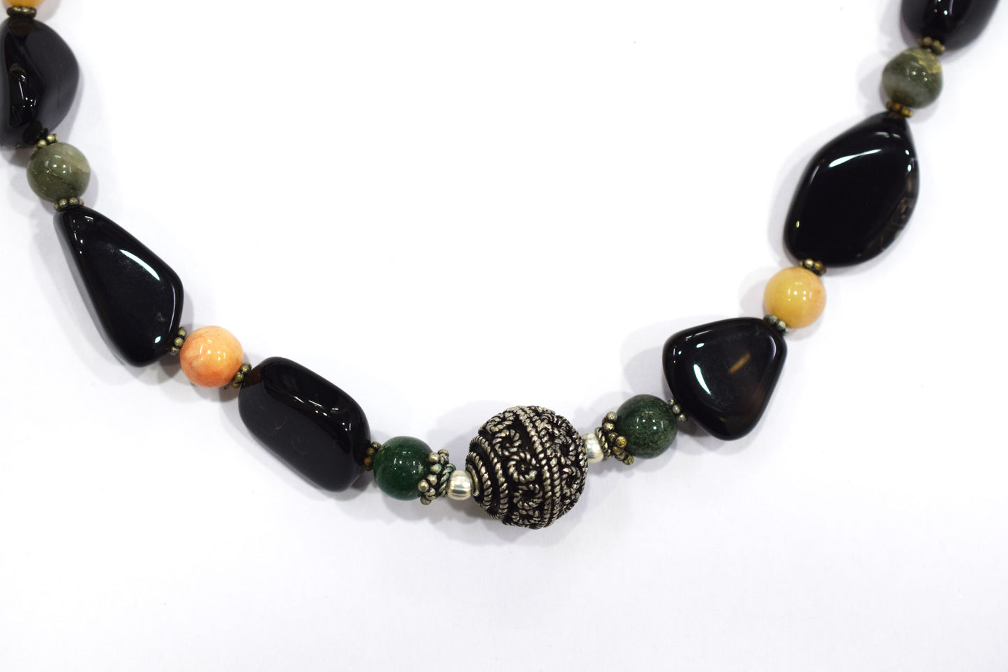 Natural Black Onyx and Green Aventurine Necklace Set - Single Strand Pink Opal Gemstone Beaded Choker with Drop Earrings , 32858