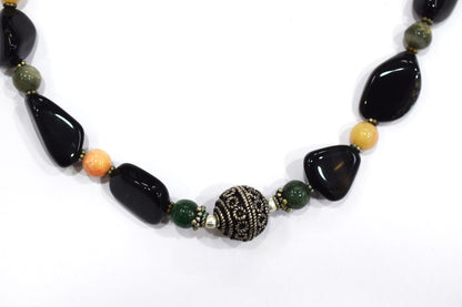 Natural Black Onyx and Green Aventurine Necklace Set - Single Strand Pink Opal Gemstone Beaded Choker with Drop Earrings , 32858