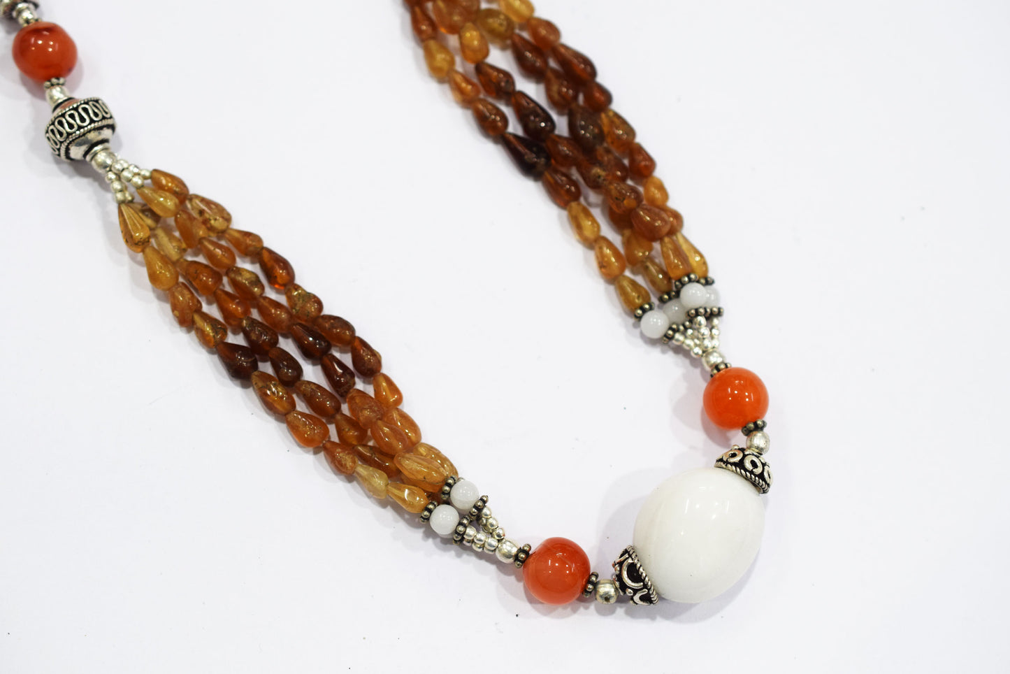 Natural Hessonite Garnet and Carnelian Necklace Set - Multi-Strand White Agate Statement Choker with Drop Earrings, 32859
