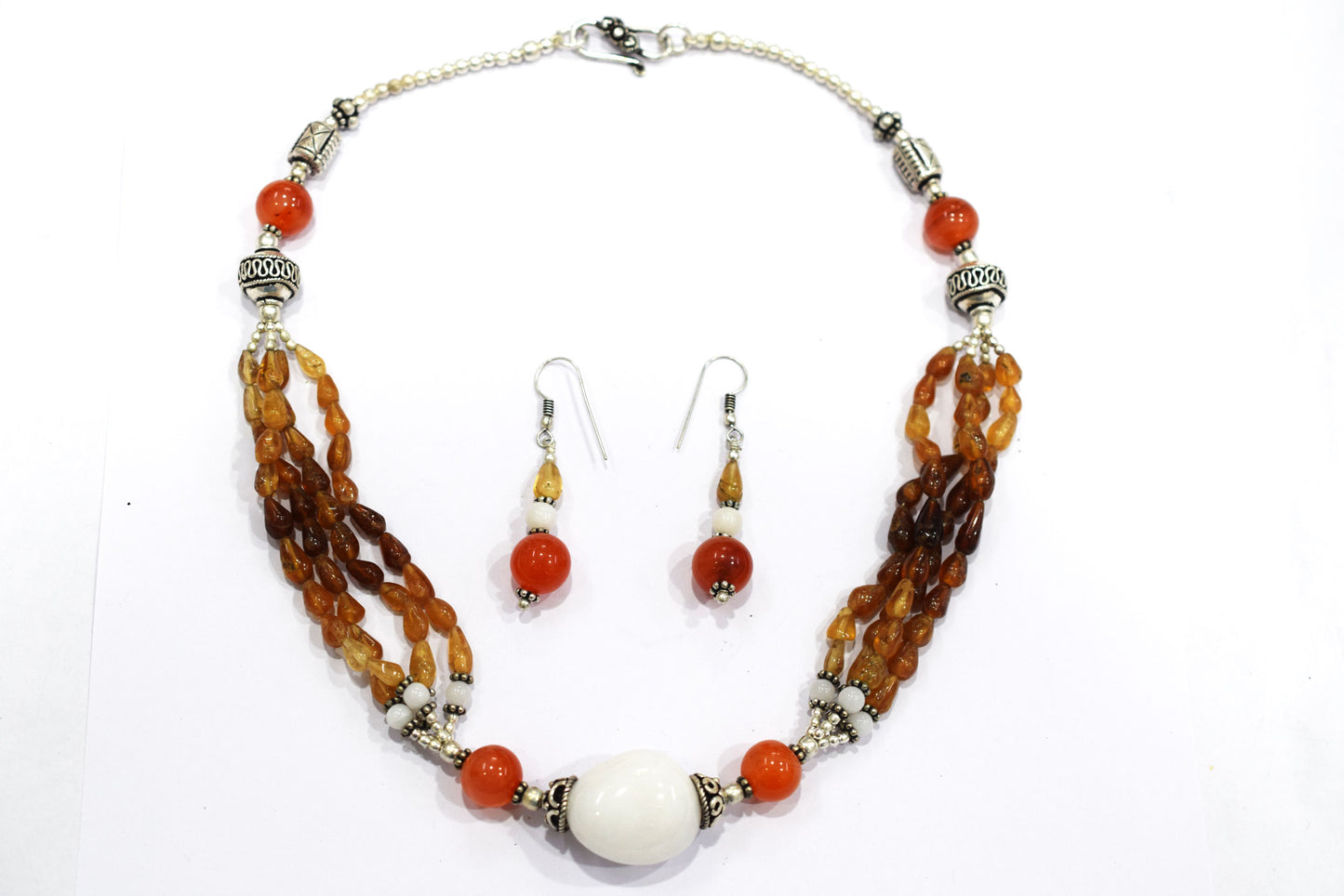 Natural Hessonite Garnet and Carnelian Necklace Set - Multi-Strand White Agate Statement Choker with Drop Earrings, 32859