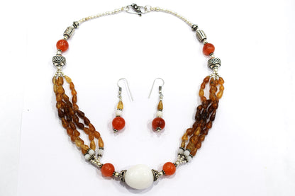 Natural Hessonite Garnet and Carnelian Necklace Set - Multi-Strand White Agate Statement Choker with Drop Earrings, 32859
